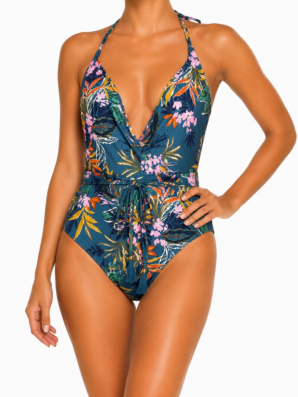 Sea Angel Tropical Floral One Piece Swimsuit Small Halter Tie Waist Swimwear